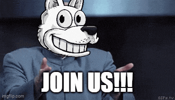 a man in a suit with a cartoon dog on his head says join us
