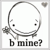 a black and white drawing of a cartoon character holding a flower and the words `` b mine ? '' .