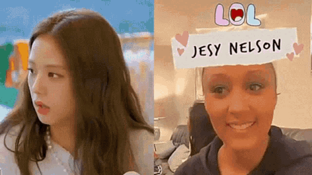 a picture of a girl and a picture of a woman with jesy nelson on her head .