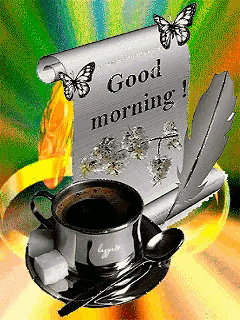 a cup of coffee sits on a saucer next to a scroll that says " good morning "