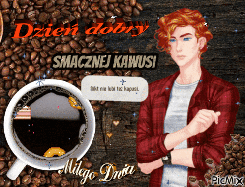 a man in a red plaid shirt stands in front of a cup of coffee