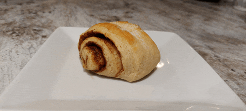 a cinnamon roll on a white plate on a counter