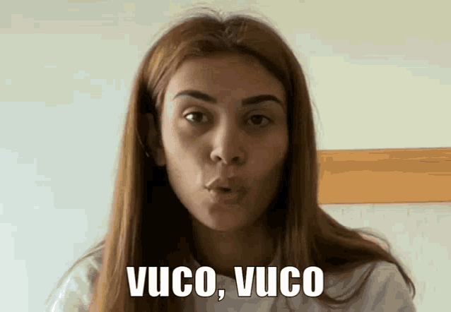 a woman with long hair is making a funny face with the words vucco , vucco below her