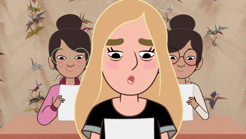 a cartoon of a girl with glasses and a bun standing in front of two other girls
