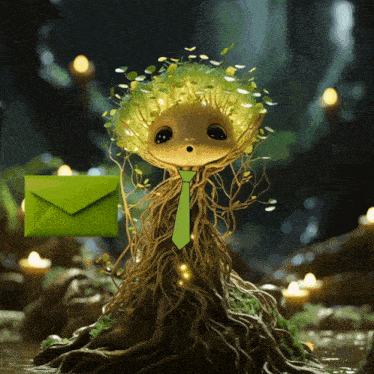 a tree with a green tie and a green envelope behind it