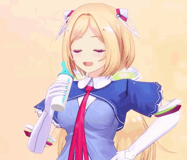 a girl with blonde hair is drinking from a bottle that says milk