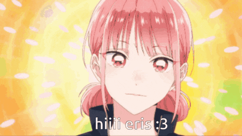 a pink haired anime girl with the words hiii eris : 3 on the bottom