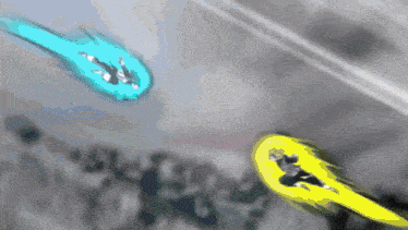 a blue and a yellow object are flying in the sky
