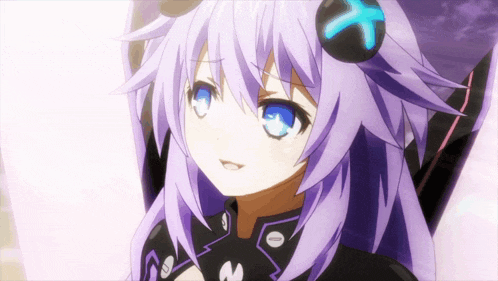 a girl with purple hair and blue eyes is wearing a black outfit