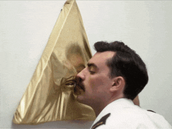 a man with a mustache is kissing his reflection in a mirror