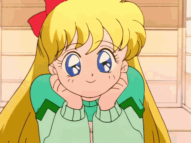 a cartoon girl with a red bow on her head