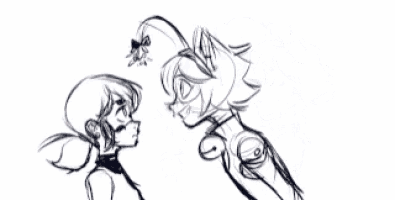 a black and white drawing of a ladybug kissing a cat .