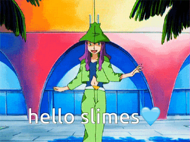 a cartoon character says hello slimes with a heart in the background