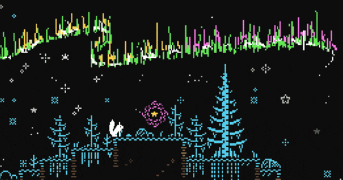 a colorful pixel art of a landscape with trees and a fireworks display