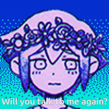 a pixel art drawing of a girl with a flower crown on her head and the words " will you talk to me again "
