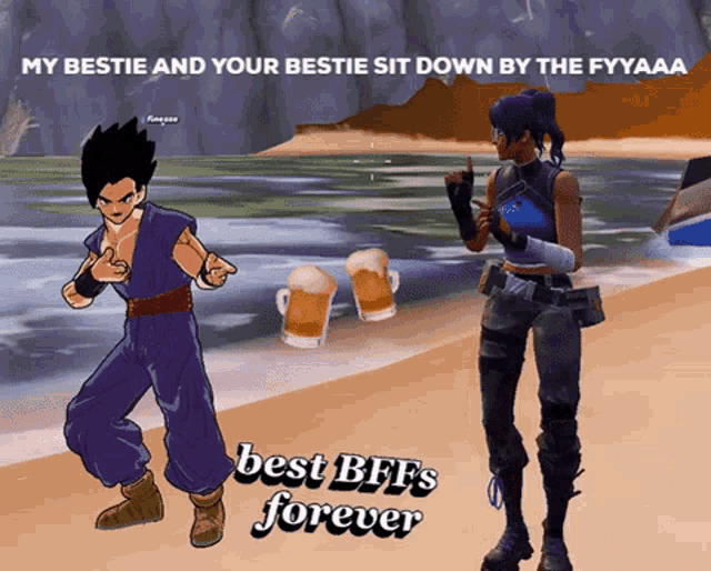 a cartoon of a man and a woman standing on a beach with the words " best bffs forever "