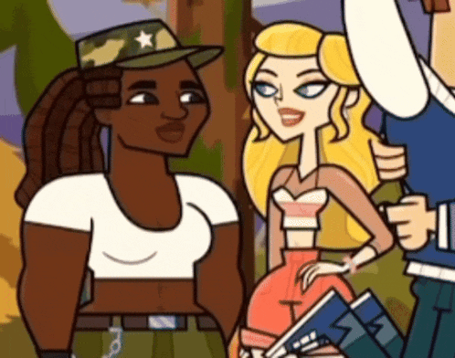 a group of cartoon characters are standing next to each other and one of them is wearing a military hat .