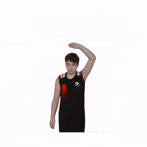 a man wearing a black tank top with a red and white stripe on the sleeves