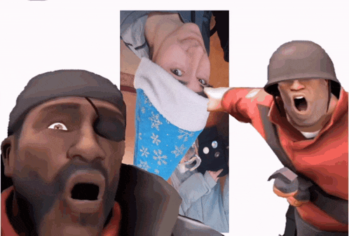 a man with a bandage on his eye and a soldier with a hammer