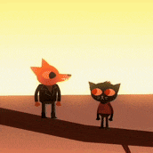 a cartoon of a fox and a cat standing on a tree branch