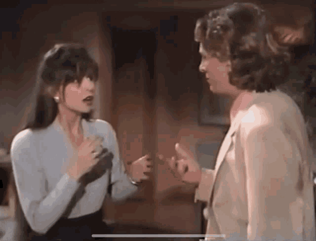 two women are talking to each other in a living room .