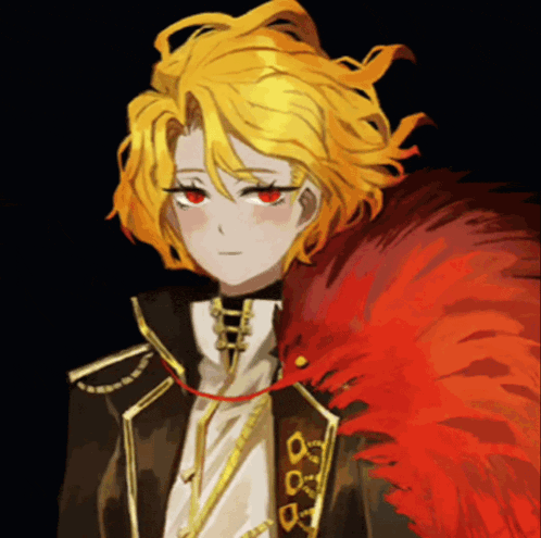 a boy with yellow hair and red eyes is holding a red feather