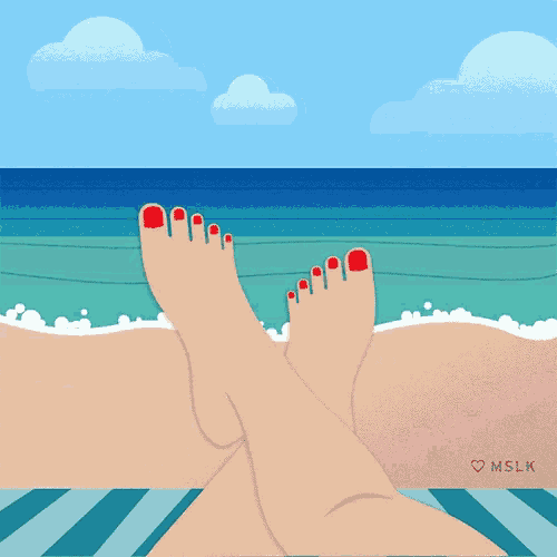 a cartoon of a woman laying on a beach with her feet up