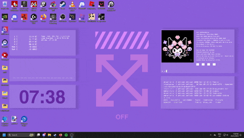 a computer screen with a purple background and a clock with the time of 7:38