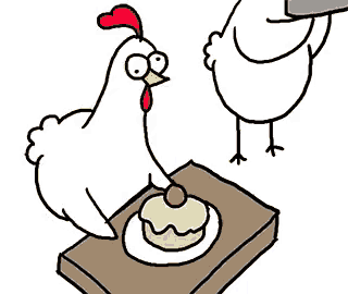 a cartoon of two chickens standing next to a bowl