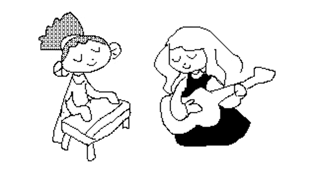 a black and white drawing of a girl sitting at a piano and a girl dancing .