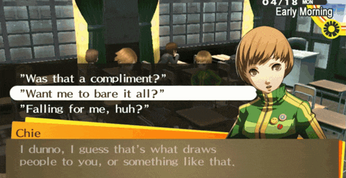 a screenshot of a video game shows chie talking to a group of people