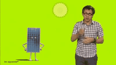 a man in a plaid shirt is standing in front of a solar panel with arms and legs