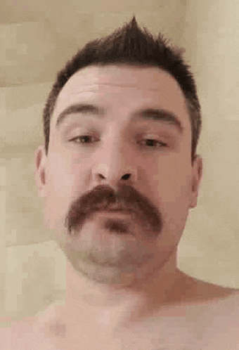 a man with a mustache is without a shirt and looking at the camera .