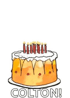 a cartoon rabbit is holding an envelope in front of a birthday cake with candles .