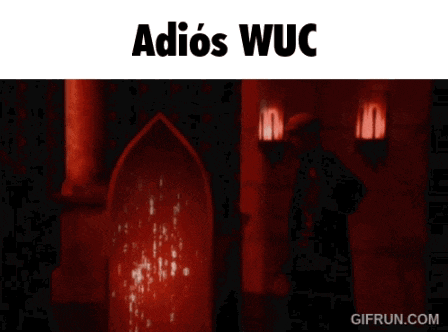a man standing in a dark room with the words adios wuc on the bottom