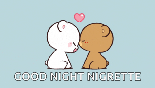 a cartoon of two bears kissing with the words good night nigrette underneath