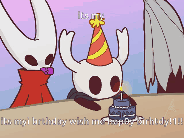 three cartoon characters wearing party hats with the caption it 's my birthday wish me happy birthdy