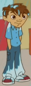 a cartoon boy wearing a blue shirt and blue pants is standing in a room with his hands in his pockets .