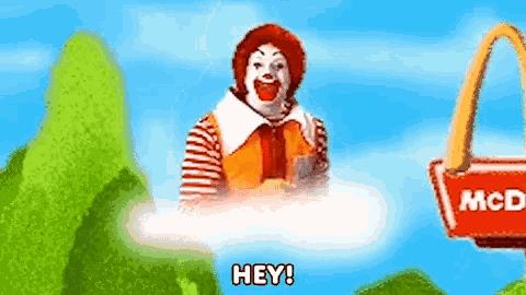 a cartoon of mcdonald 's clown saying hey in a cloud