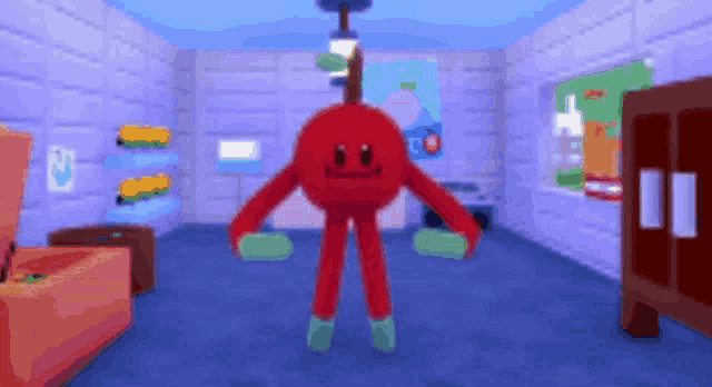 a red cartoon character is standing in a room with blue walls