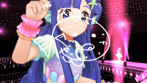 a girl with blue hair and a starfish on her head holds a bubble in her hand
