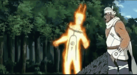a cartoon of a man standing next to another man in a forest with a fireball coming out of his chest .