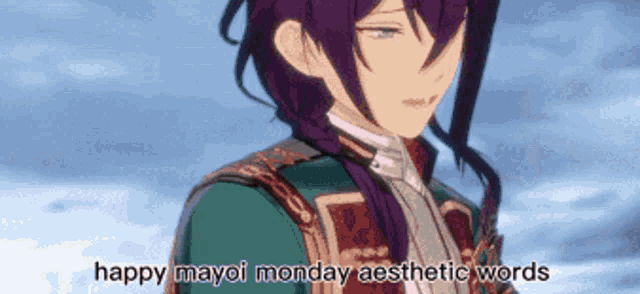 a purple haired anime character with the words happy mayoi monday aesthetic words on the bottom