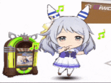 a cartoon girl is standing next to a jukebox with music notes on it