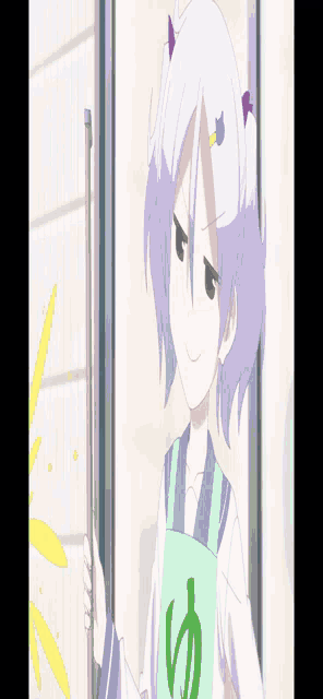 a girl with purple hair is wearing a green apron with a letter e on it