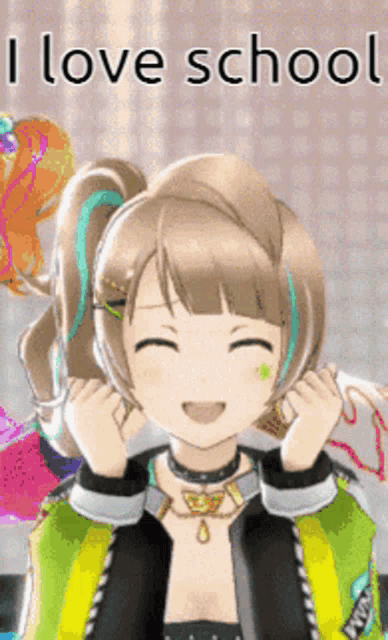 a picture of a girl with the words " i love school " above her