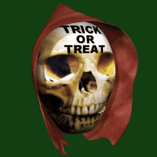 a skull with a red cape on it that says trick or treat