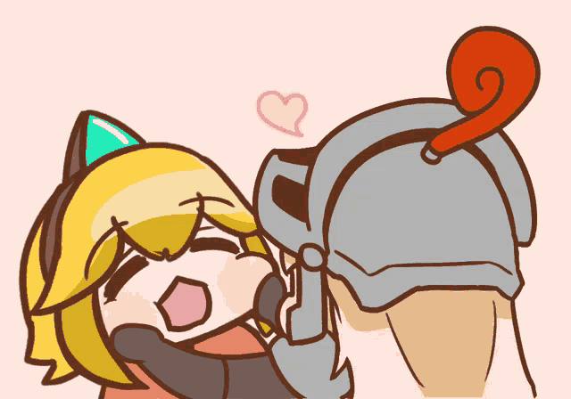 a cartoon drawing of a girl kissing a knight 's head