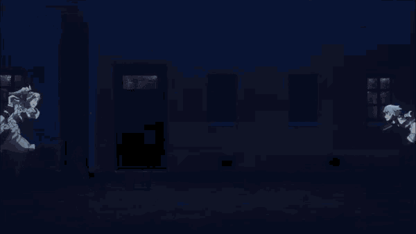 two anime characters are fighting each other in a dark room in a dark room .