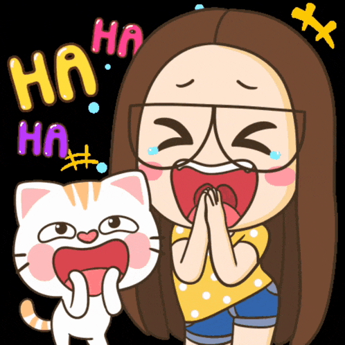 a cartoon of a woman laughing next to a cat that says ha